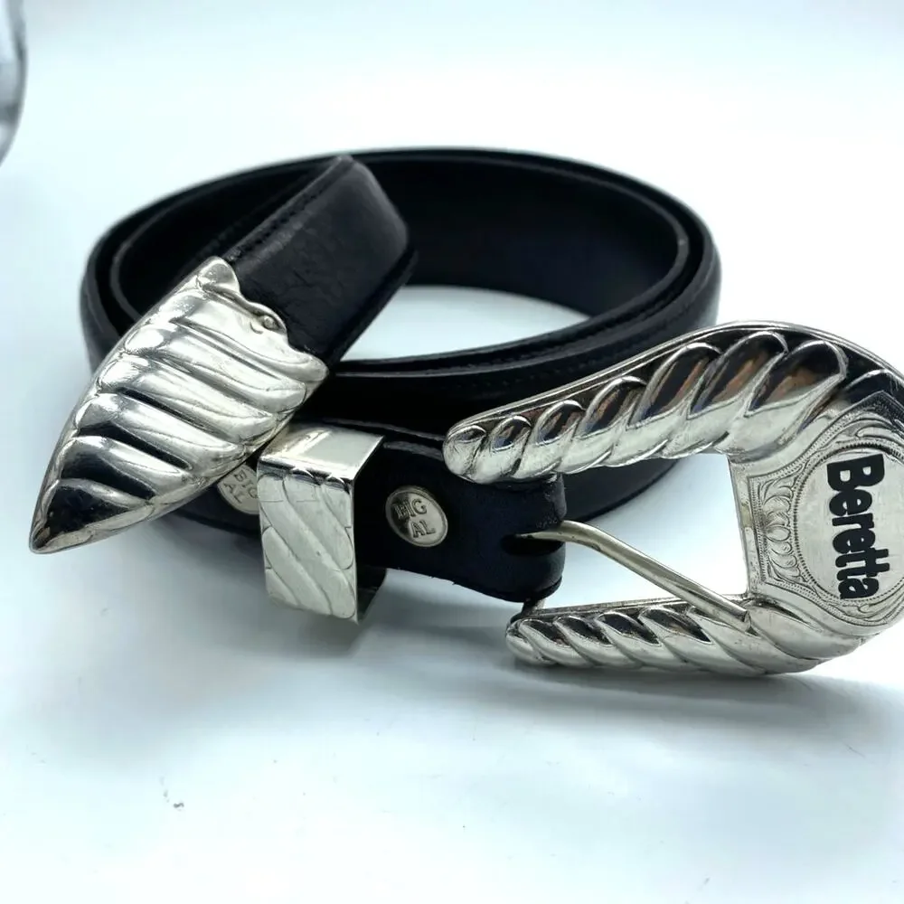 Vtg Big Al‎ ,Al Beres black Leather Belt Silver overlay Buckle 36 USA, Beretta